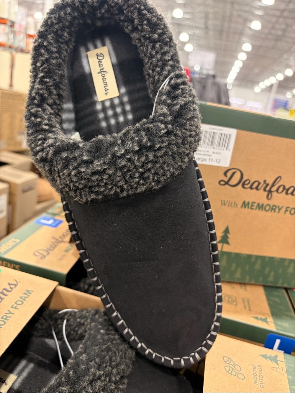 dearfoams Men’s Black Faux-Shearling Moccasin Slip-On memory foam new